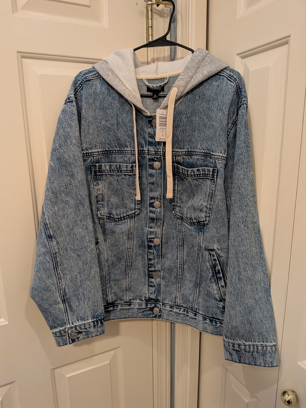 torrid Light Blue Denim Jacket with Gray Hood